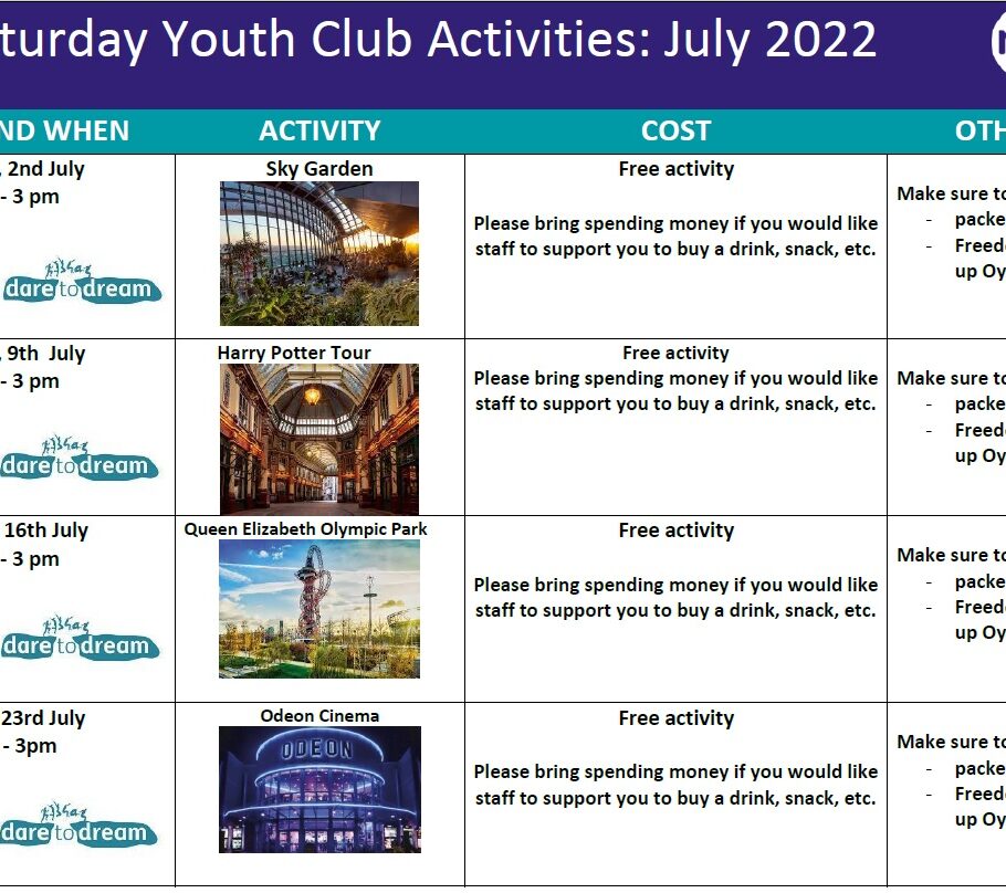 Saturday Youth Group – activities planned for July